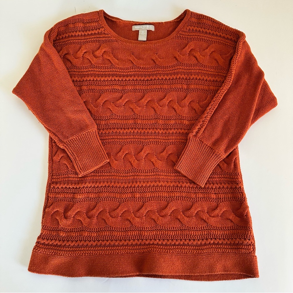 Banana Republic Orange Rust Cable Knit 3/4‎ Sleeve Cotton Angora Blend Medium
